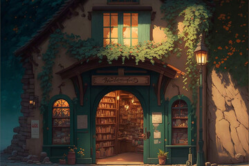 Fototapeta na wymiar A magical bookstore filled with stories. Superb anime-styled and DnD environment