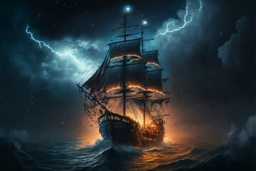 Naklejka premium Landscape with pirate ship in the sea, lightning in the sky full of clouds, horizon in the background. AI digital illustration