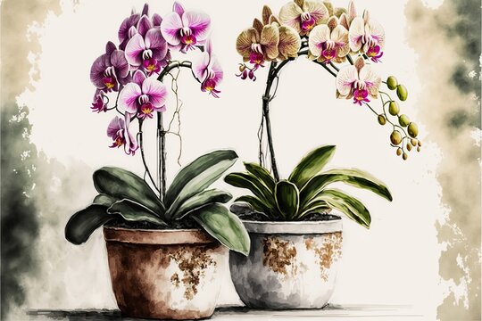 Painting orchids in potted plant, white background. AI digital illustration