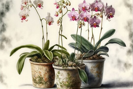 Painting orchids in potted plant, white background. AI digital illustration