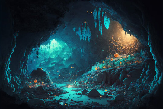 A mysterious cave system filled with glowing crystals. Superb anime-styled and DnD environment