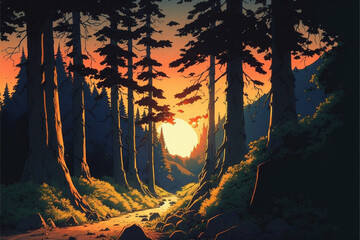 Sun goes down in the old forest. Superb anime-styled and DnD environment