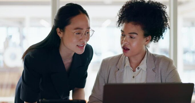 Business, women and talking to employee with tablet, explain process and system update. Asian female, manager and consultant discussion, digital marketing and online planning for campaign schedule