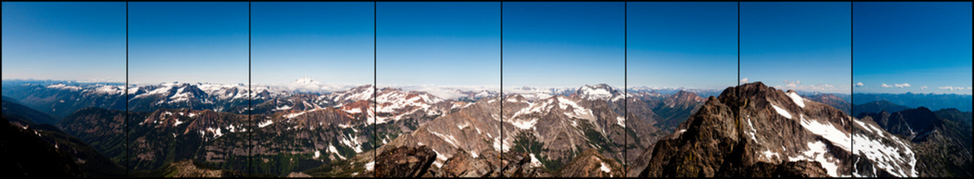 A panoramic view of the North Cascades on a sunny afternoon. Image consists of 8 individual images.