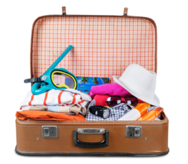 Retro tourist luggage or travel bag with colorful clothes