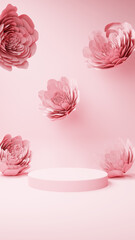ピンク色の背景にピンク色の紙で作られた複数の花。円柱の台座。春の背景イメージ。（縦長）