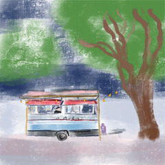 Colourful illustration of tree and food truck on one wheel