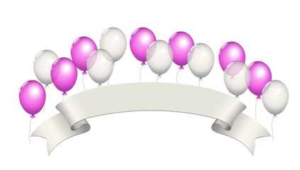 Fliegende weiße und pinke durchsichtige Helium Luftballons 
und weiße blanko Banderole,
Vektor Illustration isoliert auf weißem Hintergrund
