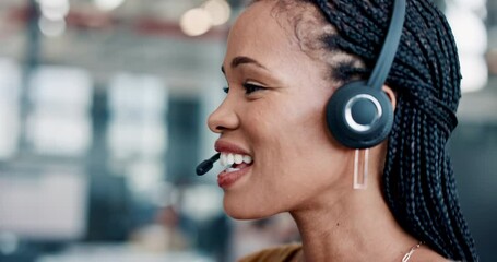 Black woman, call center and customer support, consulting and crm consultant happy while working in office. Customer service, woman and telemarketing, contact us and virtual help, service and advice