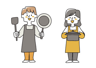 料理をしている男女のイラストセット