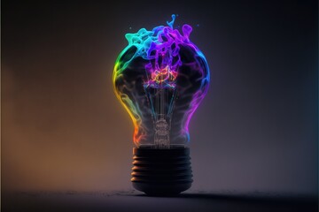 Innovative Light bulb for technology inspiration, future, solutions, neon colors, dark background created with generative ai technology