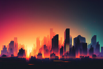 Cityscape Sunset Gradient Silhouette Design for Wallpapers and Posters, Retro Cityscape Sunset Gradient Silhouette Design, vibrant 