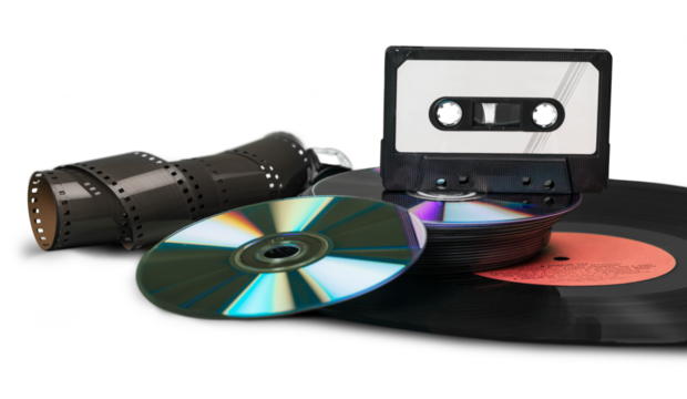 Old retro audio cassette and disc Evolution of Entertainment Media