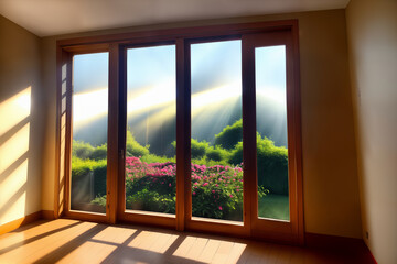 Beautiful view from inside a house out a window with a field of flowers,  meadow landscape, and mountains with sunlight and lens flares streaming through.