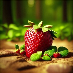 Fresh juicy strawberries with leaves in the forest.