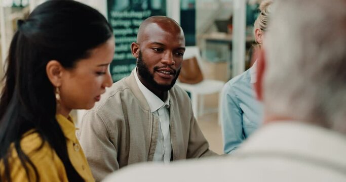 Business, black man and leadership in meeting, planning and collaboration in marketing agency company. Diversity, teamwork and communication with management, presentation and goals in office building