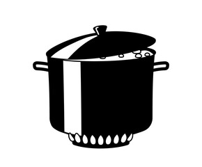 Black pot icon. Sticker for social networks and instant messengers. Minimalistic logotype for cafe or restaurant, branding. Cooking and preparing food concept. Cartoon flat vector illustration