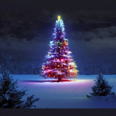 Generative AI, Christmas tree with colorful lights in a snowy field