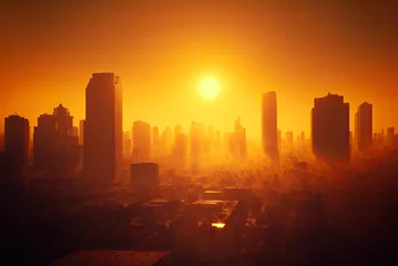 Gordijnen Heatwave over a city, bright sun, global warming, urban heat island. Generative AI © Sunshower Shots