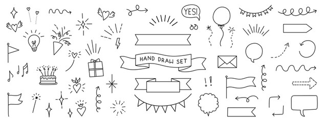 set monochrome line drawing. Hand draw simple and minimal elements, ribbons, shine, arrows, hearts, clouds, and speech bubbles.