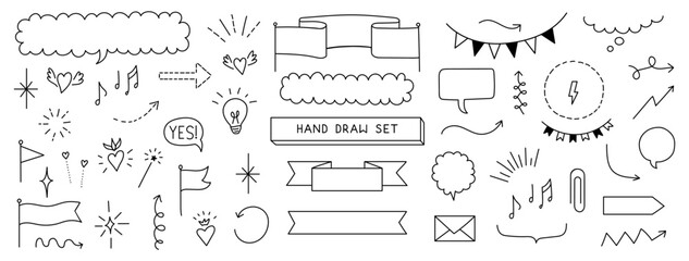 set monochrome line drawing. Hand draw simple and minimal elements, ribbons, shine, arrows, hearts, clouds, and speech bubbles.