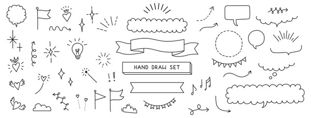 set monochrome line drawing. Hand draw simple and minimal elements, ribbons, shine, arrows, hearts, clouds, and speech bubbles.