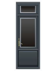 Shop-Front dark door in realistic style. Facade with wooden classic door. Golden elements. Colorful PNG illustration.