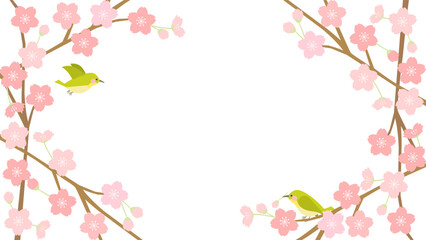 桜とメジロやウグイスをイメージした鳥のイラスト　アスペクト比16：9