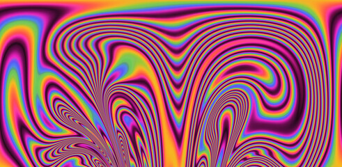 Abstract psychedelic background with neon rainbow leaks and stains. The 70s hippie style.