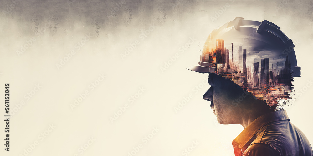 Poster future building construction engineering project devotion with double exposure graphic design. build