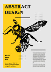 Wasp, bee, apis, honeybee, bumblebee, humble-bee. Set of vector posters with insects. Engraving illustrations and typography. Background images for cover, banner