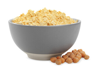 Chickpea flour in bowl and seeds isolated on white