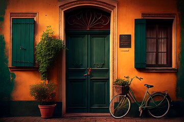 Fototapeta na wymiar Vintage bicycle illustration against an old house facade with a green door and yellow paint generative ai