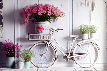 Fototapeta na wymiar Vintage white bicycle on a wooden decorated shelf with pink flowers generative ai