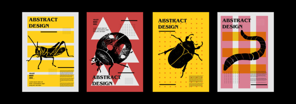Grasshopper, grig, ladybird, worm, applegrub, cutworm, beetle, earthworm, ladybug. Set of vector posters with insects. Engraving illustrations and typography. Background images for cover, banner