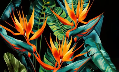 Jungle tropical colorful green and orange background wallpaper. seamless
generative ai