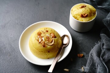 Homemade Rava kesari or sweet semolina pudding, selective focus