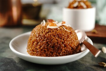 Homemade broken wheat sweet chakarai pongal topped with nuts and raisins, selective focus