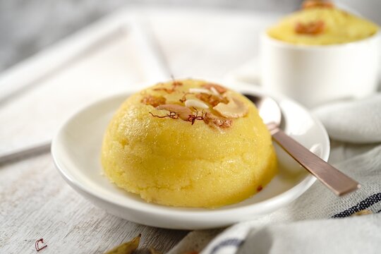 Homemade Rava kesari or sweet semolina pudding, selective focus
