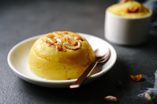 Homemade Rava kesari or sweet semolina pudding, selective focus