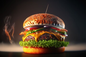 Fototapeta Close-up of a juicy burger with fries, delicious, highly detailed, hyper realistic, HDR, Studio light by AI Generate  obraz