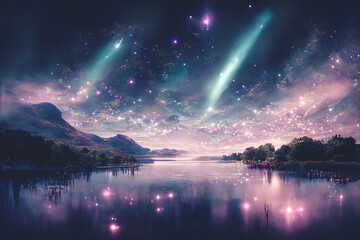 Starry night lake with bright star shine in the sky horizon reflecting on silky lake with splendid natural landscape in digital art . Beautiful natural scenery of purple light night. Generative AI