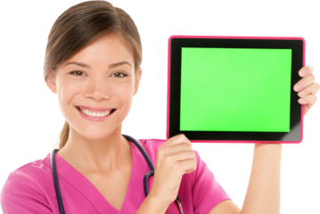 Medical nurse doctor showing tablet pc computer green screen with copy space for your text or design. Mixed race Asian Chinese / Caucasian female medical professional smiling happy on white background