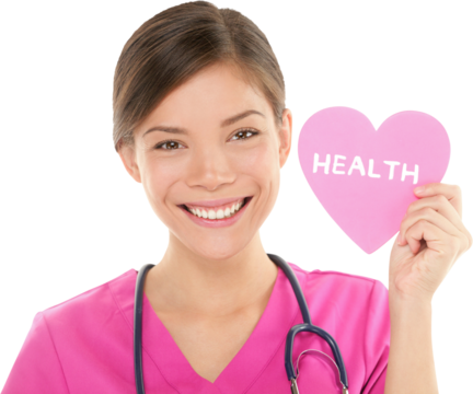Medical nurse doctor woman showing HEALTH sign on heart. Health care concept with friendly happy multiracial Asian Chinese / Caucasian female medical professional isolated white background in scrubs. - Powered by Adobe