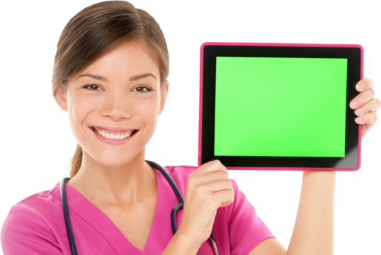 Medical nurse doctor showing tablet pc computer green screen with copy space for your text or design. Mixed race Asian Chinese / Caucasian female medical professional smiling happy on white background