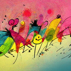 Joyfull happy colorful children cartoon illustration about hapyness, with bright pink color