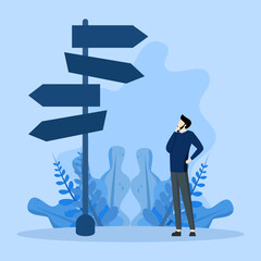 The concept of business decision making, career pathway, confusing entrepreneur seeing various road marks with question marks and thinking where to go, the concept of choosing the right way to succeed - obrazy, fototapety, plakaty