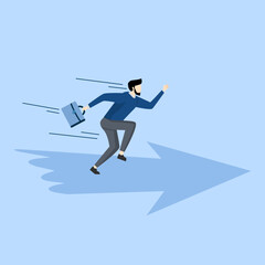 Concept Moving forward to achieve success, career development or work venture concept, confident ambitious businessman walking forward with arrow symbol, motivation to achieve business target.