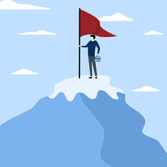 company best performance worker winning concept, Leadership to achieve business goals, career achievement, ambitious entrepreneur leader holding winner flag proudly on mountain top.