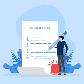 Business emergency plan concept, checklist to do in disaster, continue business and build resilience concept, smart businessman leader holding pencil with emergency plan paper flashing siren.